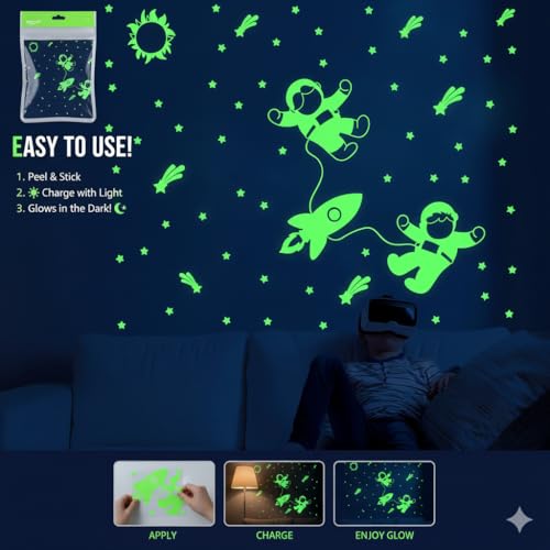 Dreamkraft Glow in The Dark Stickers - Two Flying Astronauts with Rocket and Stars, Radium Vinyl Material, 212 Total Stickers-Self-Adhesive - Image 2
