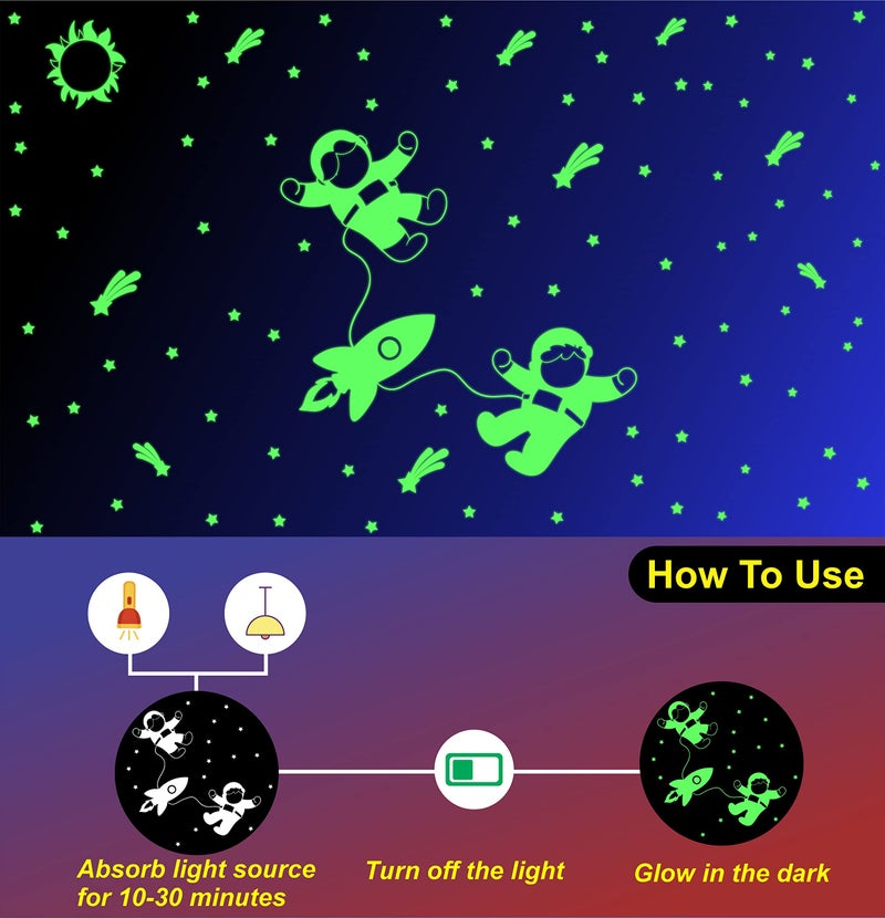 Dreamkraft Glow in The Dark Stickers - Two Flying Astronauts with Rocket and Stars, Radium Vinyl Material, 212 Total Stickers-Self-Adhesive - Image 4
