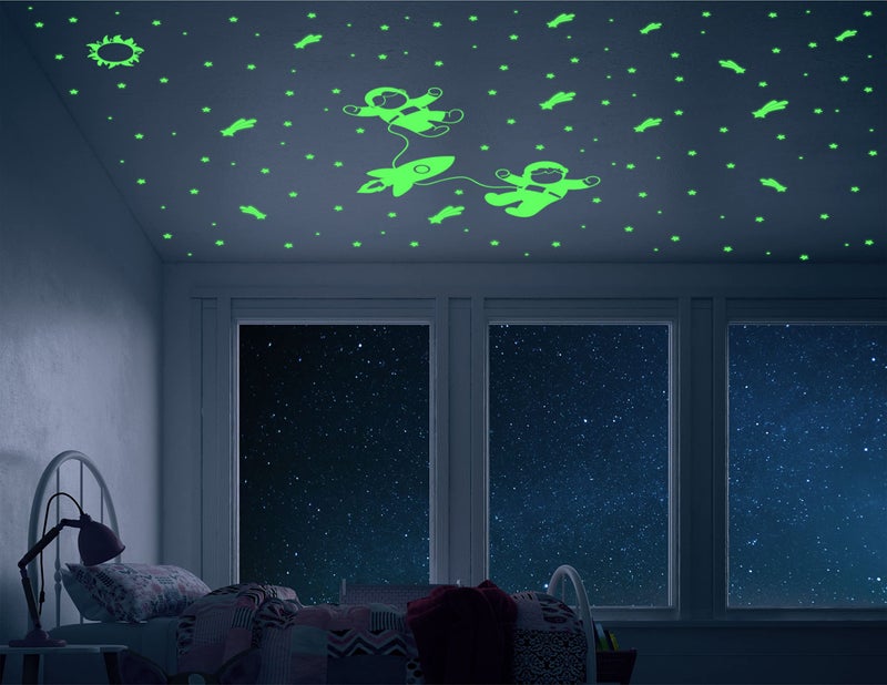 Dreamkraft Glow in The Dark Stickers - Two Flying Astronauts with Rocket and Stars, Radium Vinyl Material, 212 Total Stickers-Self-Adhesive - Image 3