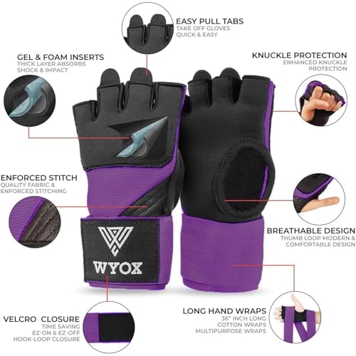 WYOX Gel Boxing Hand Wraps Inner Gloves for Men & Women, 80cm Quick Wrist Straps, Padded Knuckle Protection for Muay Thai Kickboxing, Hand Wraps for Boxing & Martial Arts (Purple, S/M) - Image 2