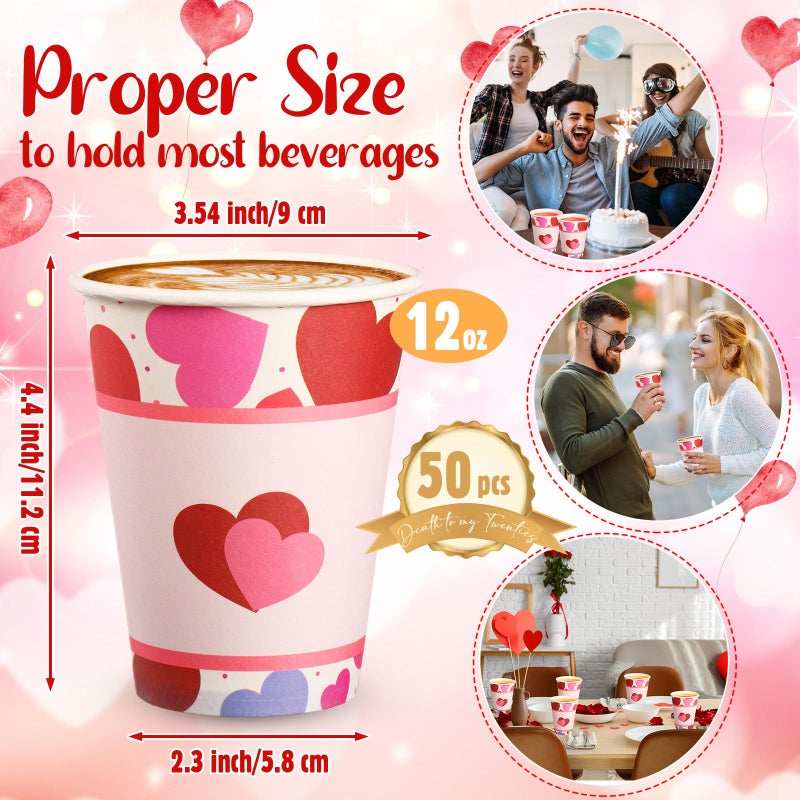 Jingmore 50 Pcs Valentine's Day Paper Cups 12 oz Conversation Heart Paper Cups Disposable Valentines Cups Hot Chocolate Coffee Tea Drinking Cups for Anniversary Wedding Party Supplies(Red Vivid) - Image 2