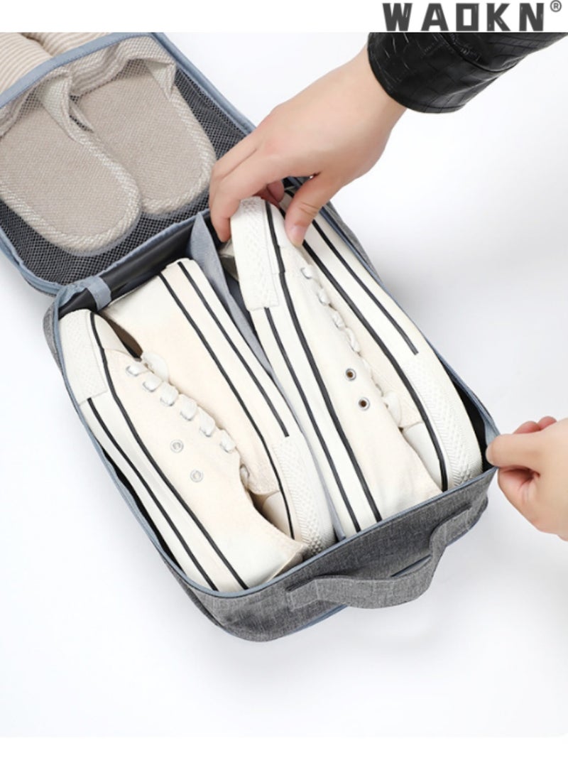WAOKN Grey Multi-Functional Travel Shoe Bag, Hanging Luggage Organizer for Travel, 3 Layers Shoe Storage with Mesh View, Ideal for Slippers and Sneakers, Compact and Space-Saving Design - Image 4