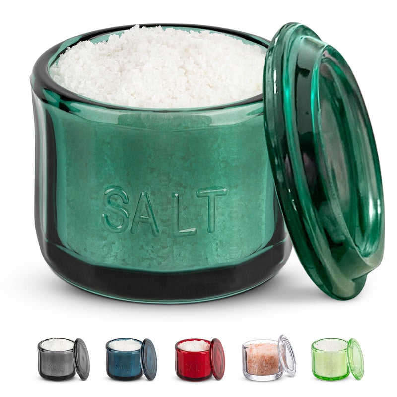 وعاء ملح زجاجي كوك مع غطاء زجاج مضغوط مزخرف حاوية تخزين شفافة للقهوة والسكر والتوابل والحلويات 10 أونصات أخضر زمردي