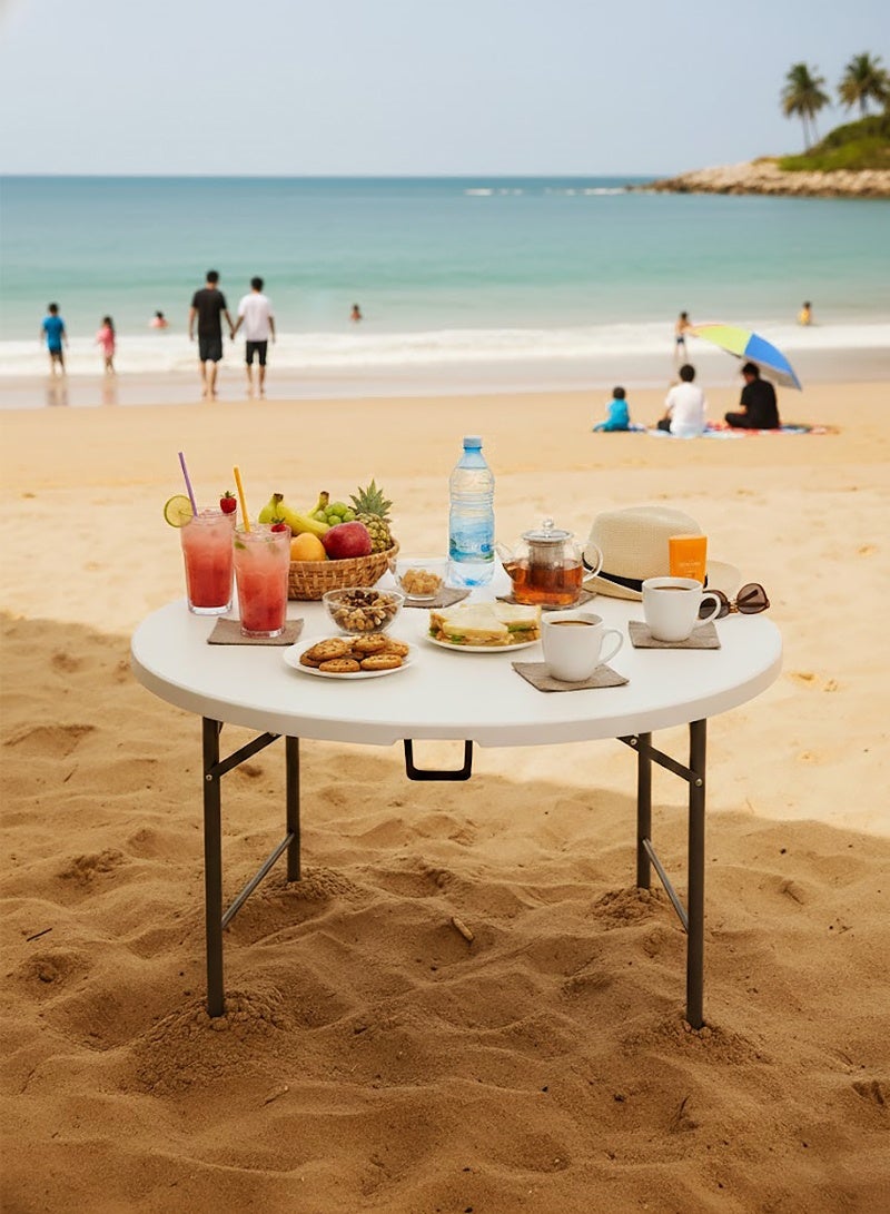 AGD Portable Round Foldable Table, 122 cm, with Steel Metal Frame for Trips, Beach, and Home/ white - Image 3