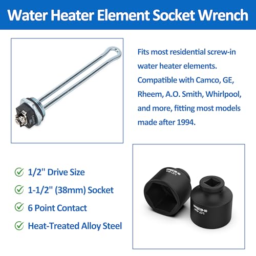 Timsec 1-1/2" Socket, Water Heater Element Wrench with 1/2" Drive, Ideal for Removing & Replacing All Residential Screw-in Water Heater Elements, Fits for Camco, GE and More, 6-Point Anti-Rounding Design - Image 3