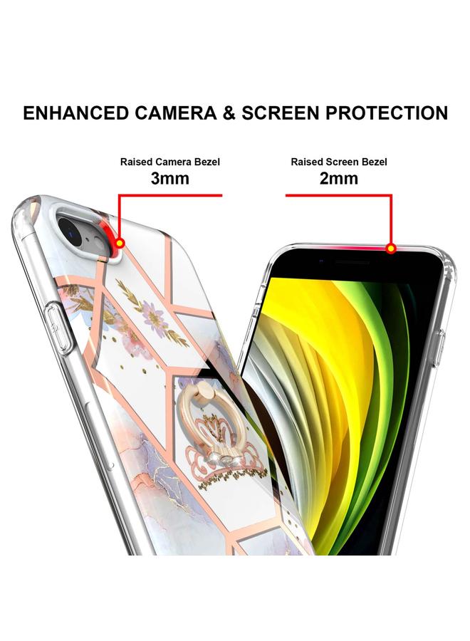 اس-توب جراب لهاتف iPhone SE 2022 / SE 2020 / 8 / 7، جراب مقاوم للصدمات من مادة TPU بنمط زهرة رخامية مطلية بالكهرباء مع حامل حلقي من أحجار الراين - Image 3