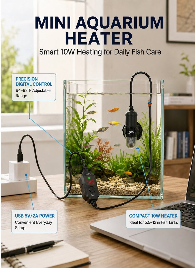 صغيرة سخان حوض السمك 10W سوبر صغيرة سخان خزان الأسماك مع ترموستات العرض الرقمي ، 5V / 2A USB مدعومة سخان خزان بيتا سخان السلاحف سخان حوض السمك الصغير للخزانات تصل إلى 1 غالون - Image 1