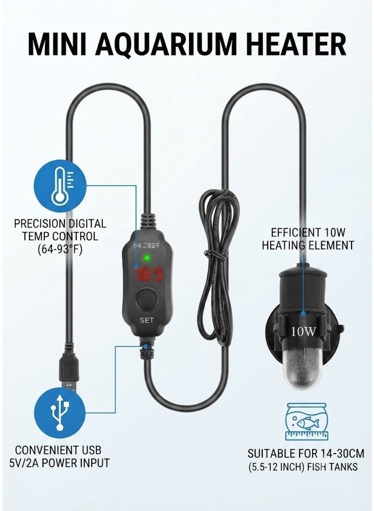 صغيرة سخان حوض السمك 10W سوبر صغيرة سخان خزان الأسماك مع ترموستات العرض الرقمي ، 5V / 2A USB مدعومة سخان خزان بيتا سخان السلاحف سخان حوض السمك الصغير للخزانات تصل إلى 1 غالون - Image 3