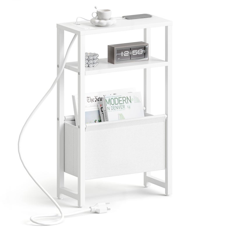 IRCPEN Narrow Side Table with Charging Station Slim End Table Sofa with Magazine Rack, Bedside Table for Small Spaces, 3 Tier Nightstand for Living Room Couch, Bedroom White LET503WE - Image 1