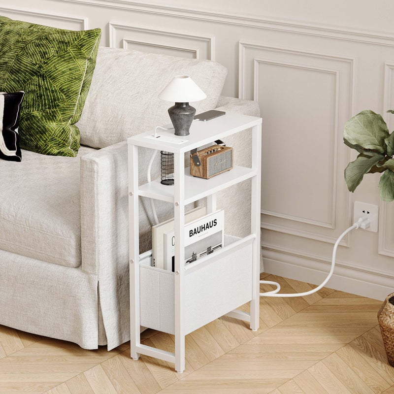 IRCPEN Narrow Side Table with Charging Station Slim End Table Sofa with Magazine Rack, Bedside Table for Small Spaces, 3 Tier Nightstand for Living Room Couch, Bedroom White LET503WE - Image 2