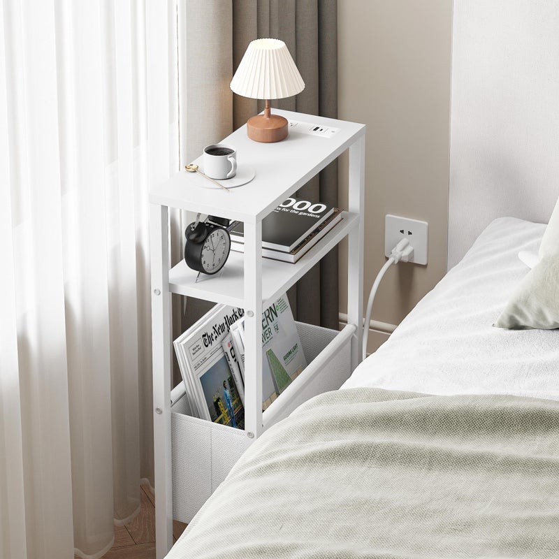 IRCPEN Narrow Side Table with Charging Station Slim End Table Sofa with Magazine Rack, Bedside Table for Small Spaces, 3 Tier Nightstand for Living Room Couch, Bedroom White LET503WE - Image 5