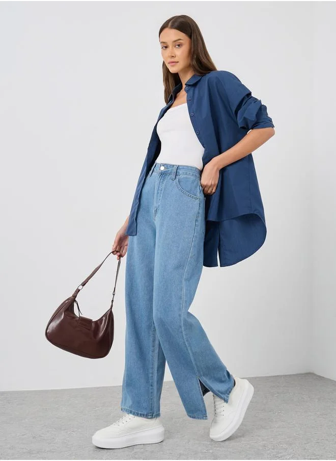 Styli Styli Women Medium Blue Wide Leg Jeans with Side Slit