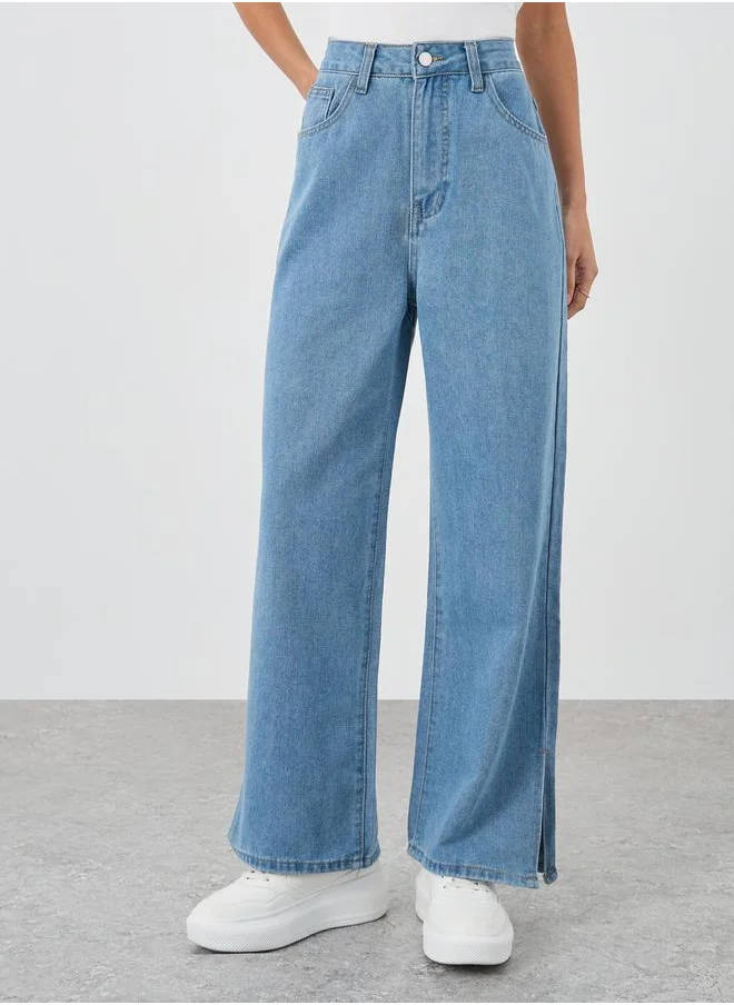 Styli Styli Women Medium Blue Wide Leg Jeans with Side Slit