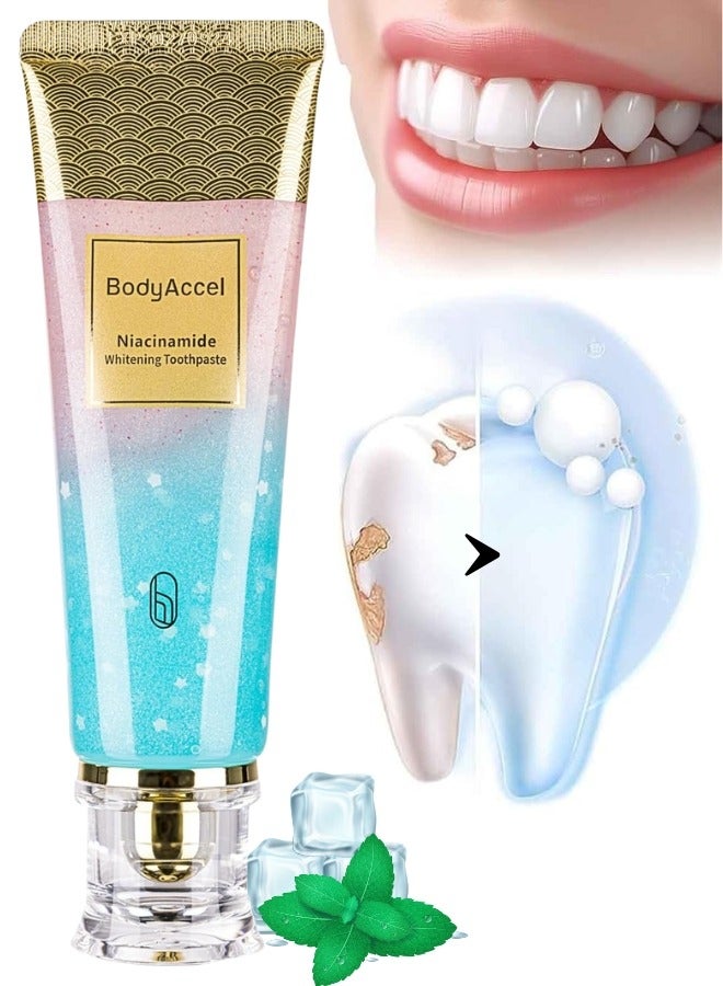 BodyAccel معجون أسنان نياكيناميد للتبييض 100 جرام - معجون تبييض طبيعي بنياكيناميد بتركيبة لطيفة لأسنان أكثر إشراقًا وتنفس منعش - معجون أسنان نياكيناميد لإزالة البقع وتبييض الأسنان - معجون أسنان BodyAccel - Image 1