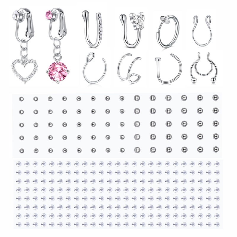Longita Fake Piercings Fake Nose Ring Faux Septum non Piercing Lip Ring Cuff Faux Nose Stud Stick on Face Gems no Piered Eyebrow Labret Stud Clip on Belly Button Rings - Image 1