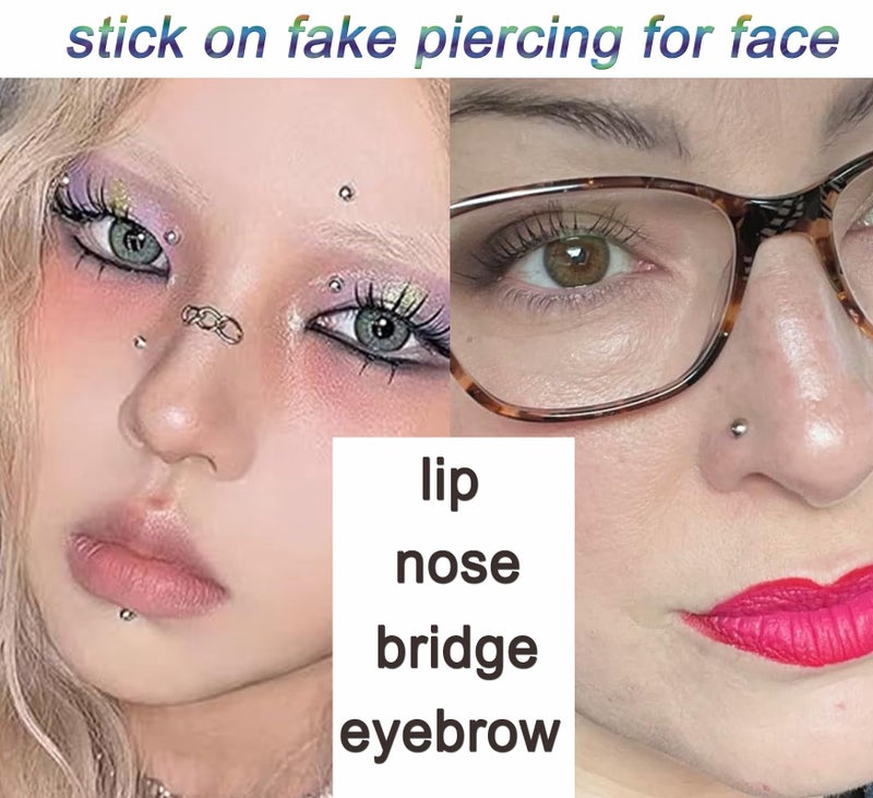 Longita Fake Piercings Fake Nose Ring Faux Septum non Piercing Lip Ring Cuff Faux Nose Stud Stick on Face Gems no Piered Eyebrow Labret Stud Clip on Belly Button Rings - Image 5