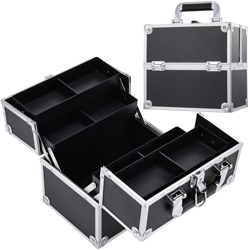 Frenessa Makeup Train Case Cosmetic Organizer Case Professional Makeup Storage Box 4 Trays with Divider Lockable Travel Case Portable Travel Makeup Box for Makeup Artist, Carfter, Cosmetics Black - Image 1