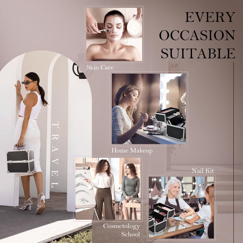 Frenessa Makeup Train Case Cosmetic Organizer Case Professional Makeup Storage Box 4 Trays with Divider Lockable Travel Case Portable Travel Makeup Box for Makeup Artist, Carfter, Cosmetics Black - Image 5