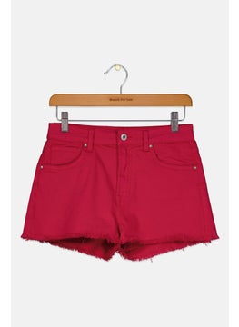 Kids Girl Plain Denim Shorts, Dark Pink