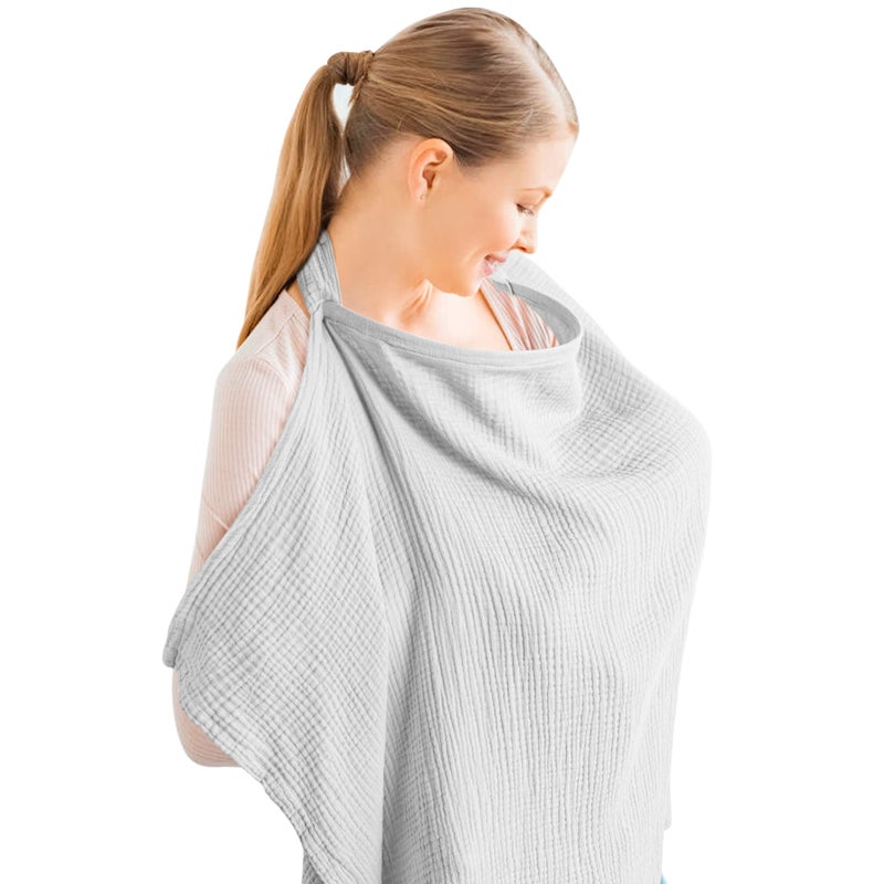 Konssy Muslin Nursing Cover for Baby Breastfeeding, Breathable 100% Cotton Breastfeeding Cover with Rigid Hoop for Mother Nursing Apron, Multi-use Carseat Canopy (Grey) - Image 1