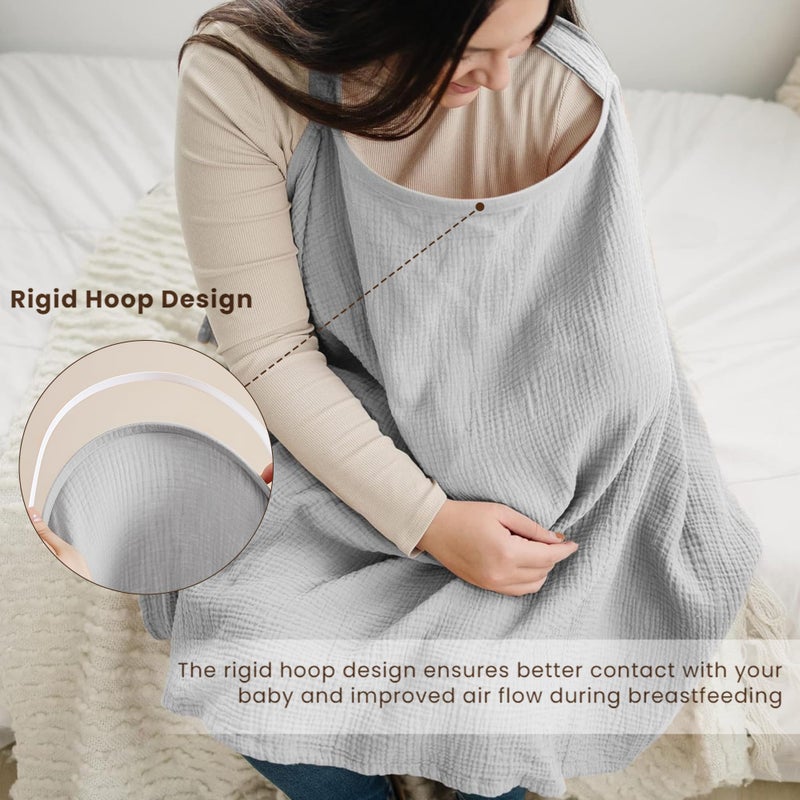 Konssy Muslin Nursing Cover for Baby Breastfeeding, Breathable 100% Cotton Breastfeeding Cover with Rigid Hoop for Mother Nursing Apron, Multi-use Carseat Canopy (Grey) - Image 3
