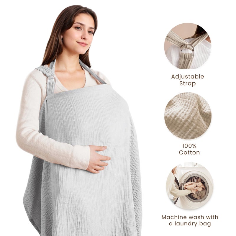 Konssy Muslin Nursing Cover for Baby Breastfeeding, Breathable 100% Cotton Breastfeeding Cover with Rigid Hoop for Mother Nursing Apron, Multi-use Carseat Canopy (Grey) - Image 2