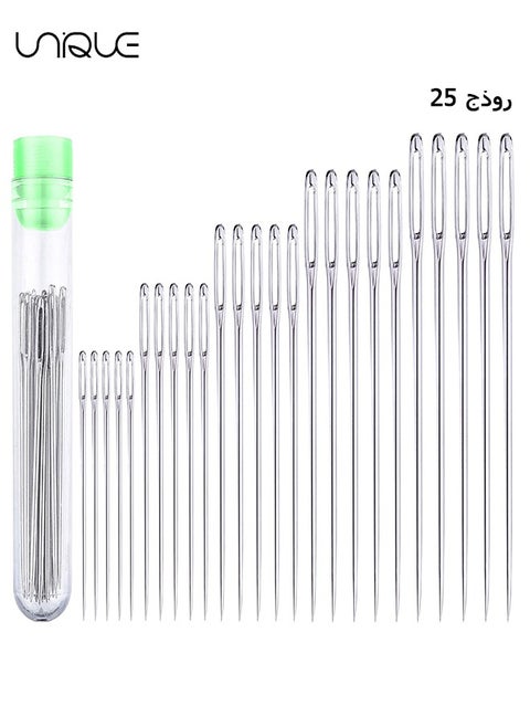 Large Eye Needles, 25 Pcs Large Eye Stitching Needles for Hand Sewing With 5 Different Sizes With Clear Storage Tube Stainless Steel Needles for Handicrafts, Sewn Needles