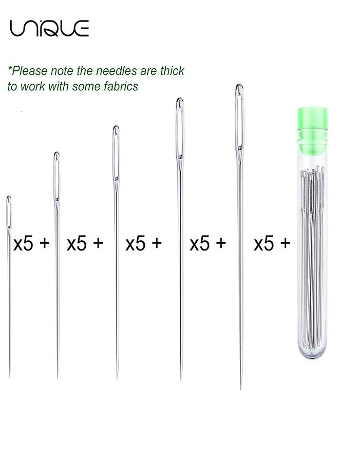 Large Eye Needles, 25 Pcs Large Eye Stitching Needles for Hand Sewing With 5 Different Sizes With Clear Storage Tube Stainless Steel Needles for Handicrafts, Sewn Needles