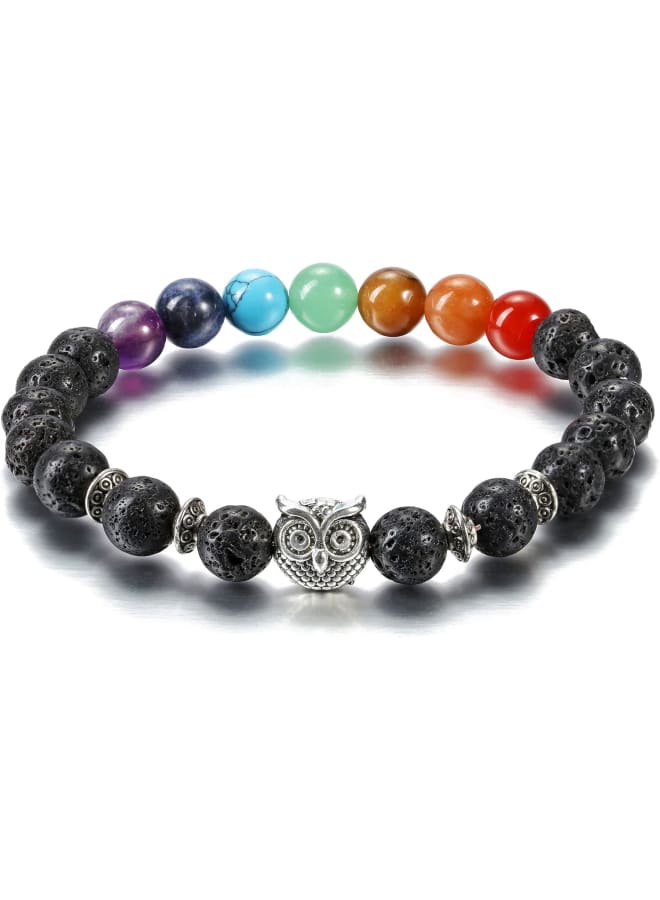 Top Plaza 7 Chakra Stone Bead Bracelet Lava Rock Stone Diffuser Bracelet Reiki Healing Yoga Meditation Anxiety Stretch Bracelets Owl Gifts for Women Men -Silver Owl  - Image 1
