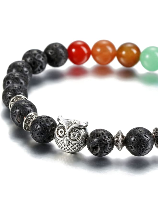 Top Plaza 7 Chakra Stone Bead Bracelet Lava Rock Stone Diffuser Bracelet Reiki Healing Yoga Meditation Anxiety Stretch Bracelets Owl Gifts for Women Men -Silver Owl  - Image 2