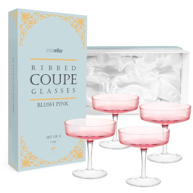 Crutello Champagne Coupe Glasses Set of 4 Pink 7oz Vintage Cocktail Glass Ribbed Fluted Glassware for Champagne Martini Manhattan Cosmopolitan Spritz  Frozen Drinks