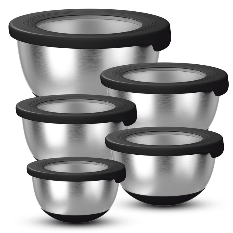 KITEISCAT Stainless Steel Mixing Bowls with Lids  Set of 5 Large Nesting Metal Bowls for Kitchen Baking Cooking Food Prep  Storage NonSlip Base Dishwasher SafeBlack