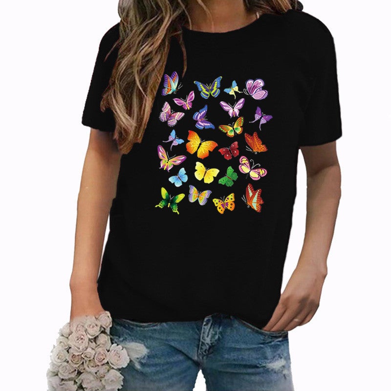 Wish Independent Station Butterfly Fun Pattern Printed Short Sleeve T-Shirt Women - Image 1