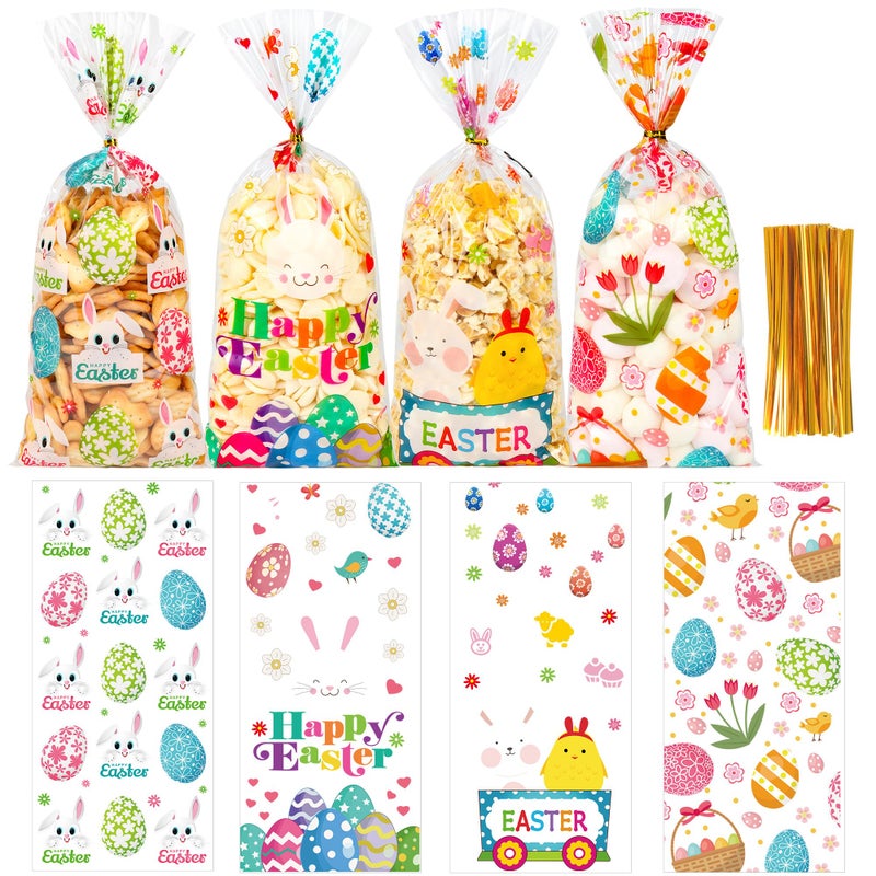 ZYLOP 50 Pcs Easter Cellophane Treat Bags - 5 x 11 Inch Clear Easter Goodie Bags with 60 Gold Ties for Cookies, Snacks, Party Favors & Gift Packaging, 2.8 Mil Thick Plastic Easter Candy Bag for Kids - Image 1