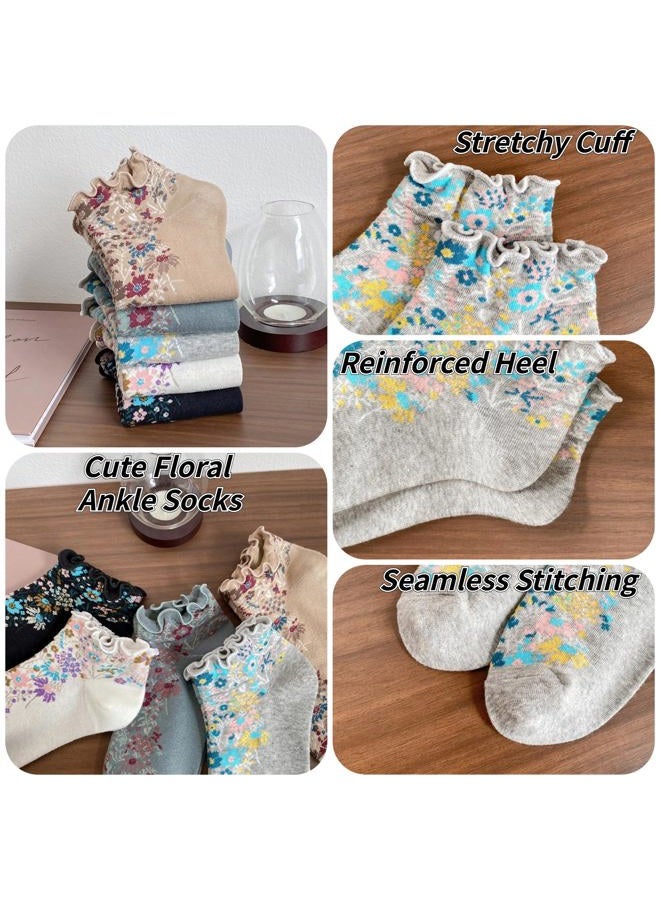 FORJMMP Cute Floral Ankle Socks for Women Girls, Ruffle Cuff Cotton Socks, 5 Pairs-set a, 5-9 - Image 4