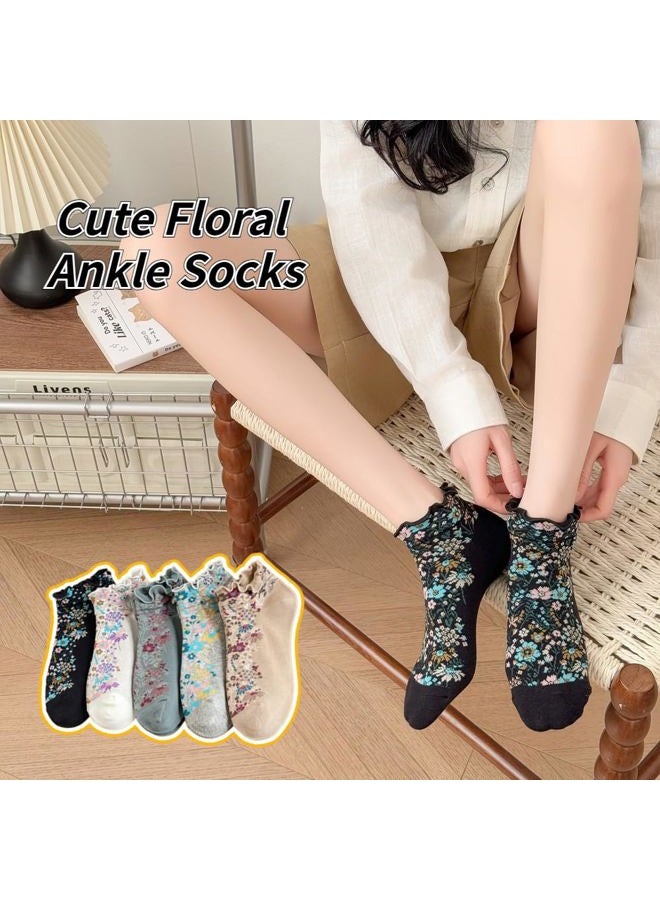 FORJMMP Cute Floral Ankle Socks for Women Girls, Ruffle Cuff Cotton Socks, 5 Pairs-set a, 5-9 - Image 2
