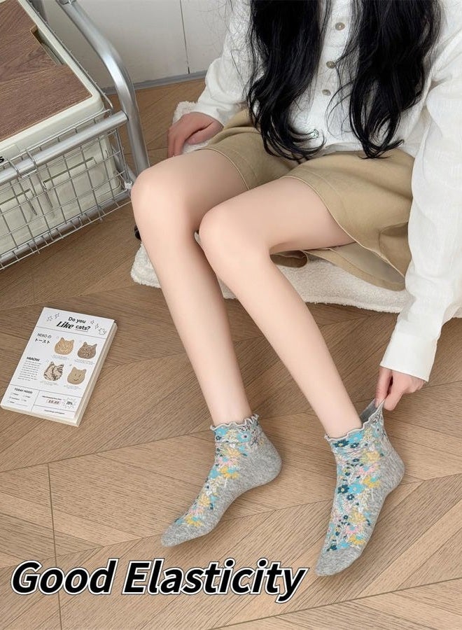 FORJMMP Cute Floral Ankle Socks for Women Girls, Ruffle Cuff Cotton Socks, 5 Pairs-set a, 5-9 - Image 3