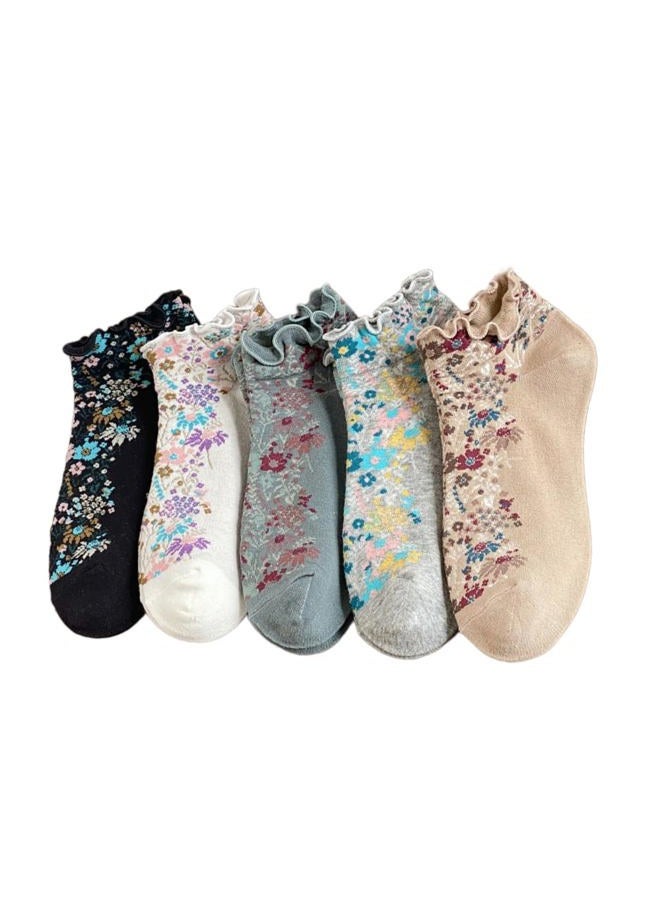 FORJMMP Cute Floral Ankle Socks for Women Girls, Ruffle Cuff Cotton Socks, 5 Pairs-set a, 5-9 - Image 1