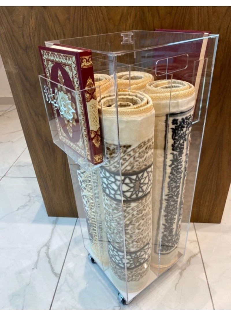 عربة تخزين سجادات الصلاة الأكريليك الشفافة رباعية الجوانب - حامل عملي لتنظيم السجاد الملفوف في المنزل أو المسجد - تصميم موفر للمساحة وسهل الاستخدام