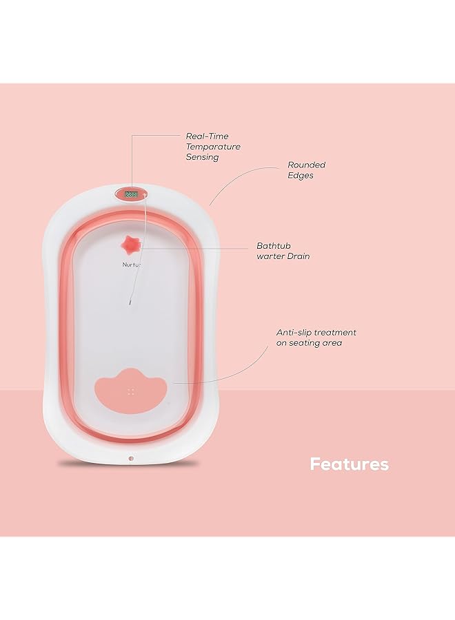Nurtur Foldable Baby/Kids Bathtub With Digital Temperature Display Mini Swimming Pool Bather For Baby/Kids With Non Slip Design Pink - Image 2