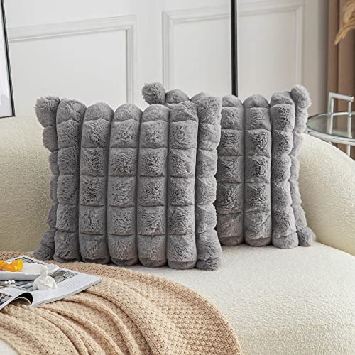 Neelvin Grey Faux Fur Cozy Soft Plaid Decorative Throw Pillow Covers 18x18 inch Set of 2Velvet Pillowcase Cushion Case for Sofa Couch