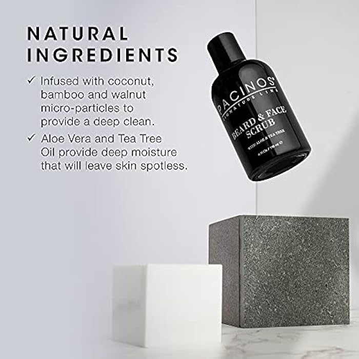 Pacinos Shave System, Beard and Face Scrub, Men's Skin Care, Best Organic Natural Shampoo, Aloe Vera and Tea Tree Extract, Removes Impurities, 4 oz - Image 4