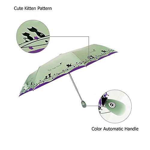 umbresen Windproof Compact Travel Folding Cute Cat Umbrella,Auto Open Close Rain&Sun Lightweight Portable Umbrellas with Cover for Kids Women Men (Green) - Image 5