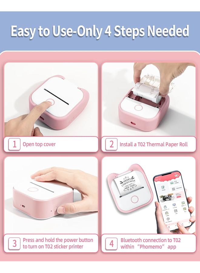 erorex Mini Pocket Sticker Printer T02 Mini Pocket Thermal Printer Wireless Bluetooth Photo Printer For Diy Journal Note Memo Photo Mini Portable Printer Compatible With Ios And Android Pink  - Image 3
