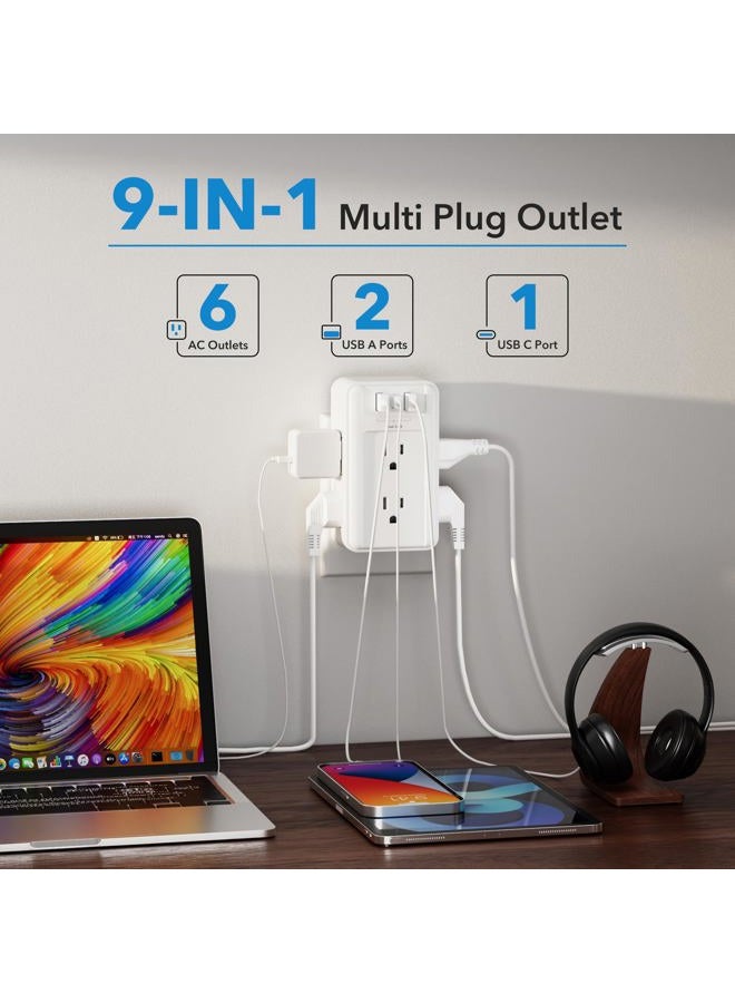 BN-LINK Multi Plug Outlet, 6 Wall Outlet Extender with 3 USB Charging Ports (1 USB C) Total 3.4A, 3-Sided Outlets Splitter Multiple Outlet Wall Plug for Home Office Dorm Room - Image 2