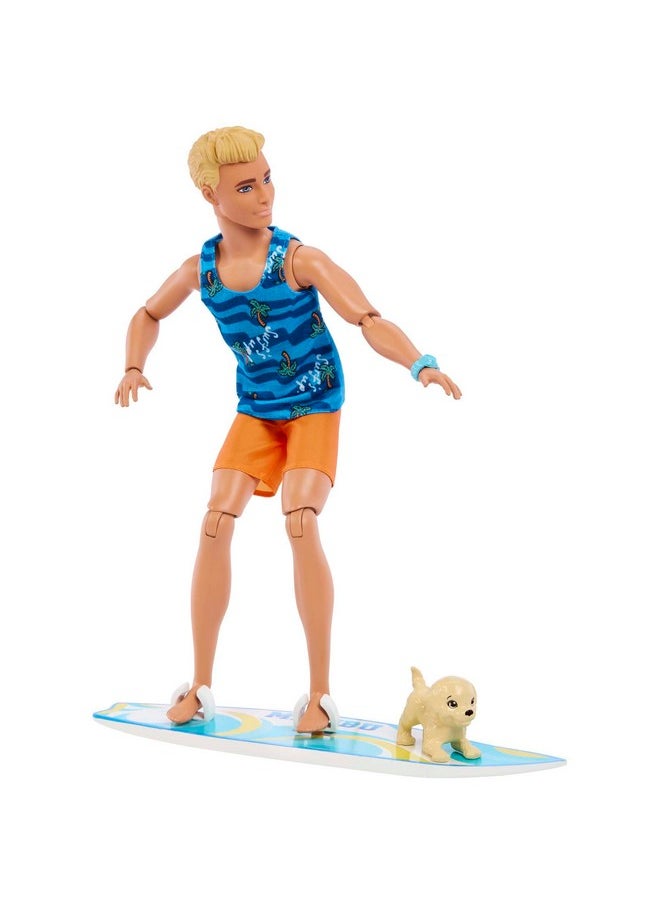 Barbie - Barbie Ken® Doll with Surfboard and Pet Puppy, Poseable Blonde Ken® Beach Doll with Themed Accessories Like Towel - Image 1