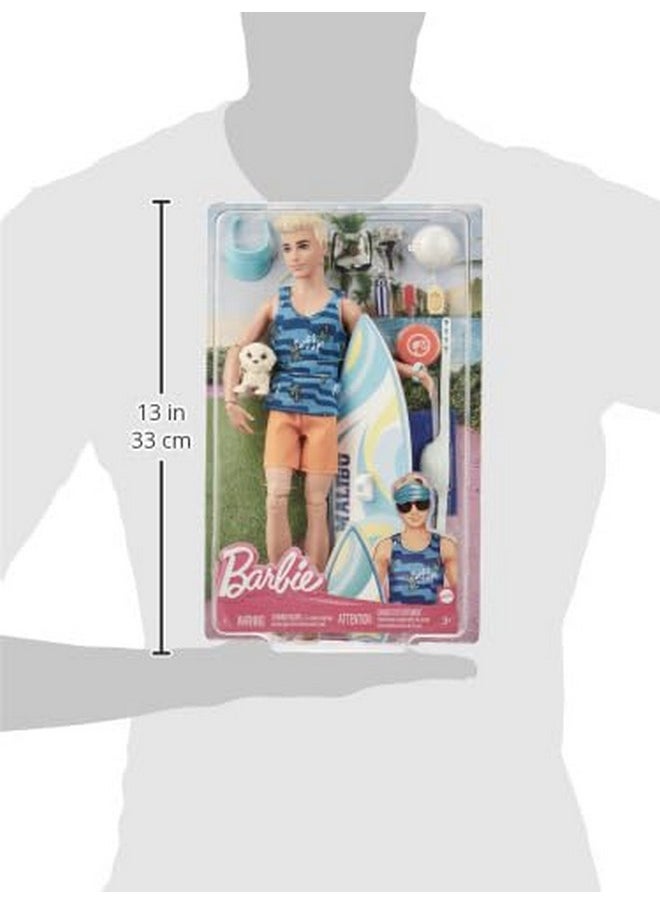 Barbie - Barbie Ken® Doll with Surfboard and Pet Puppy, Poseable Blonde Ken® Beach Doll with Themed Accessories Like Towel - Image 1