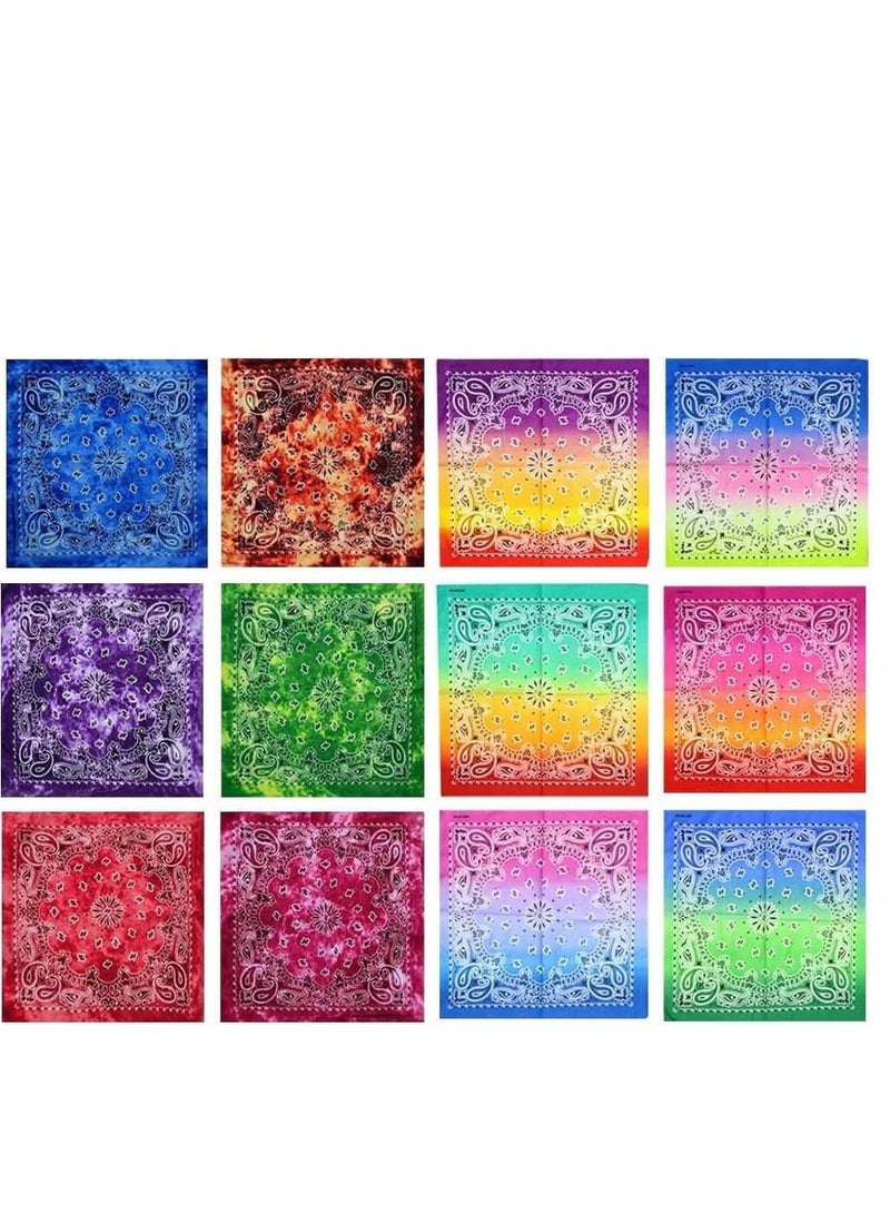 إسكدنيا 12 Pieces of Bandanas 100% Cotton Squares Tie Dye Paisley Printed Headbands Handkerchiefs for Men and Women - Image 1