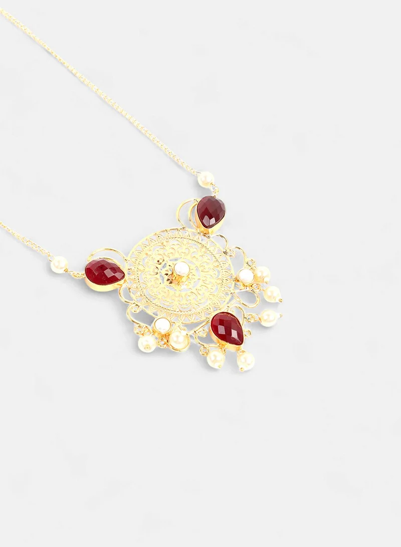 SOHI Amani Ruby Studded & Beaded Long Artificial Necklace Jewellery