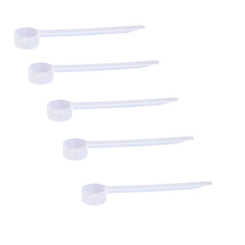 The Scoopie Plastic Measuring Scoop 5 cc  1 teaspoon  5 mL Long Handle Spoons for Powders Granules Coffee Pet Food Baking Supplies Protein and Other Dry Goods BPA Free Set of 5